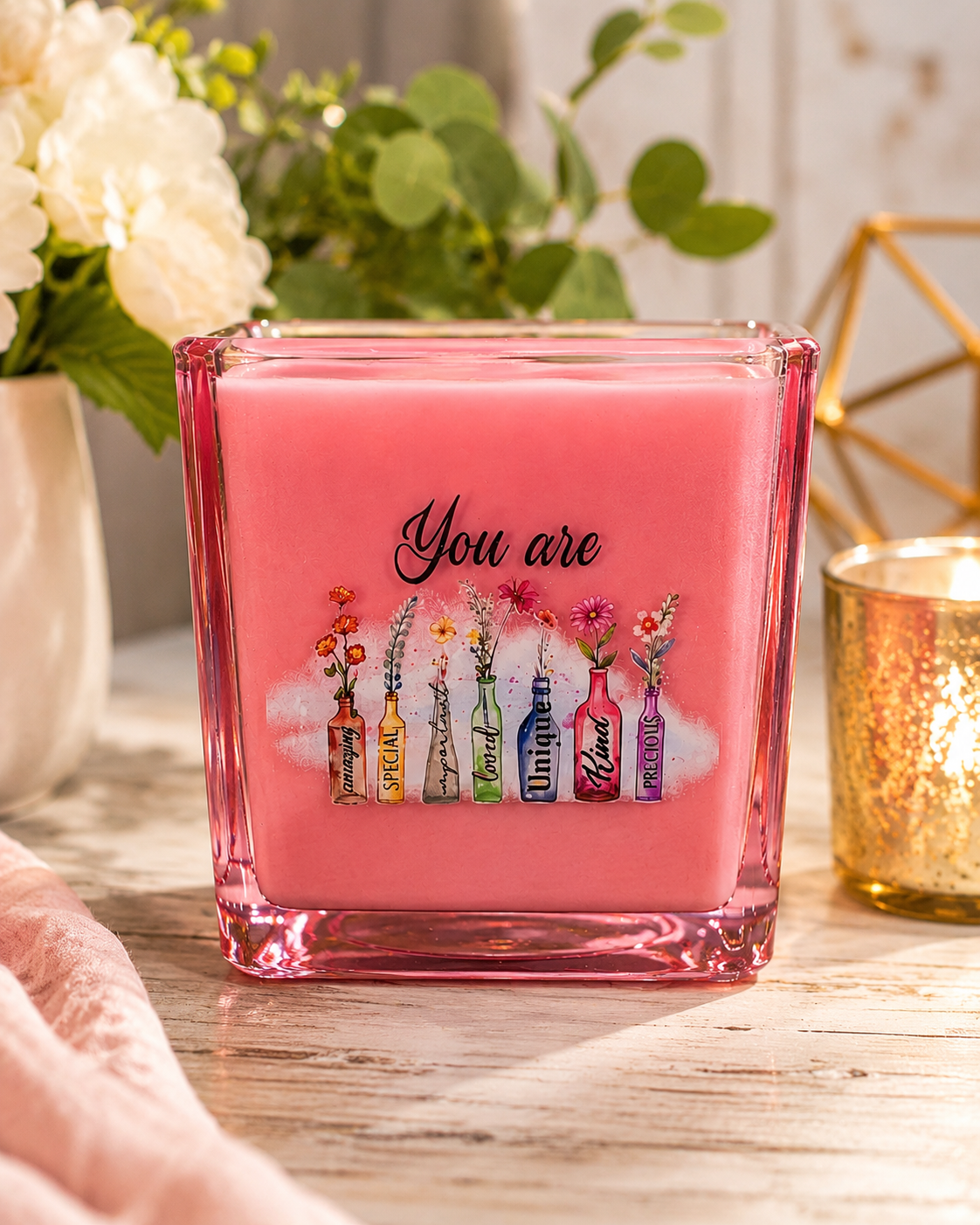 You Are Inspirational Pink Glass Candle – Handcrafted Floral Soy Candle Gift